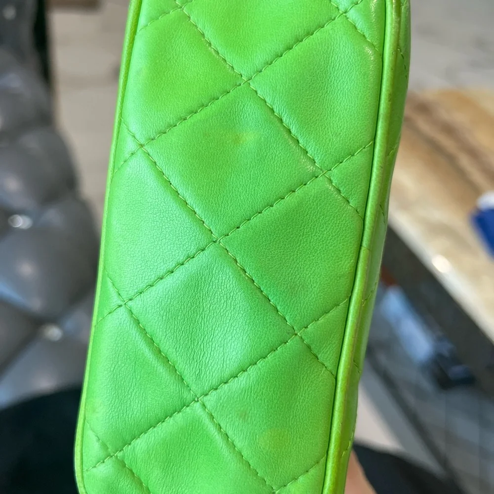 CHANEL Vintage Apple Green Quilted Mini Shoulder Bag with Gold Bar